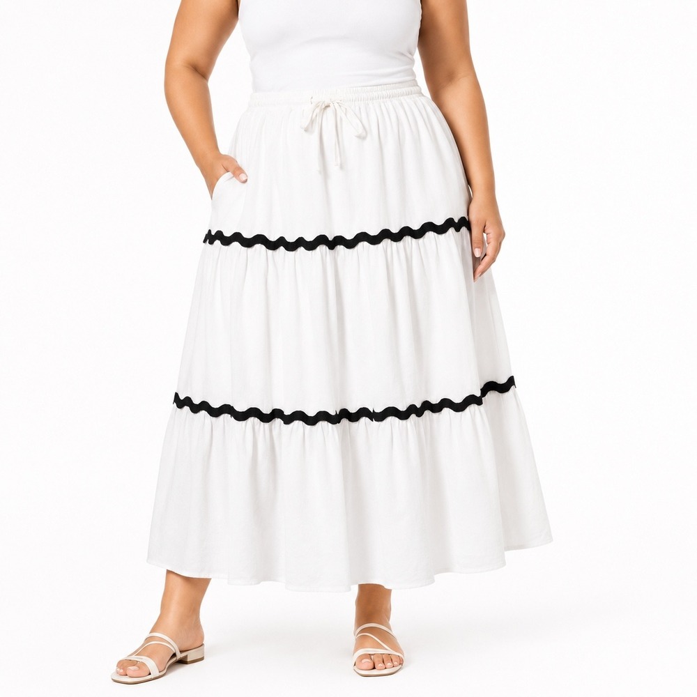 White Tiered Maxi Skirt with Black Rickrack Trim XL Elastic‎ Waist Pockets